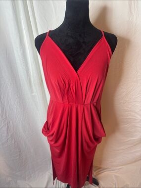 BCBG Vibrant Red Draped Spaghetti-Strap Midi Dress
